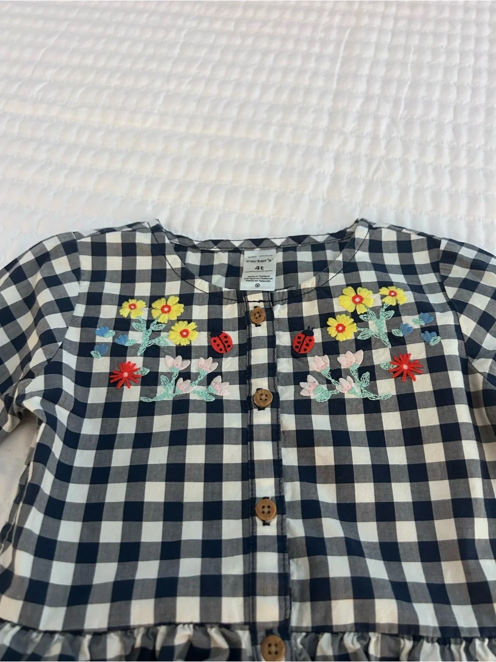Carter's Navy and White Gingham Dress with Floral Embroidery. Size 4T